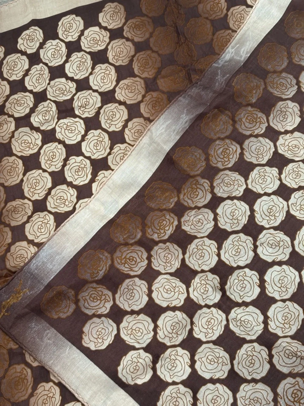 Yves Saint Laurent Brown & Gold Rose-Pattern Silk Scarf